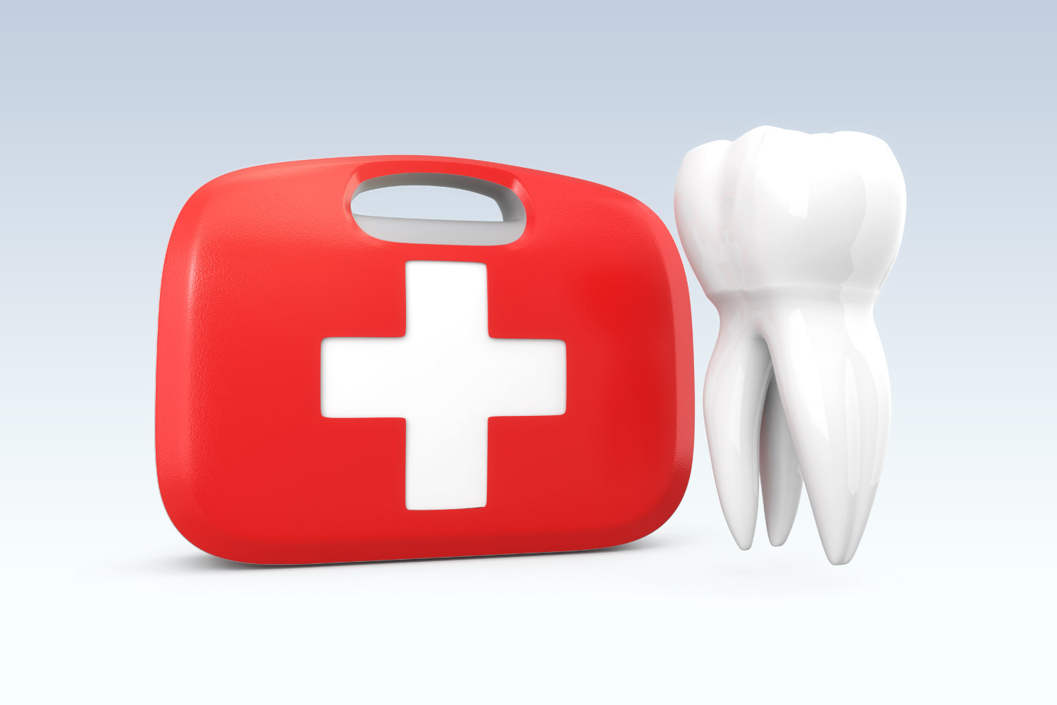 A red first aid kit next to a tooth indicating emergency dentistry in Wolcott, CT