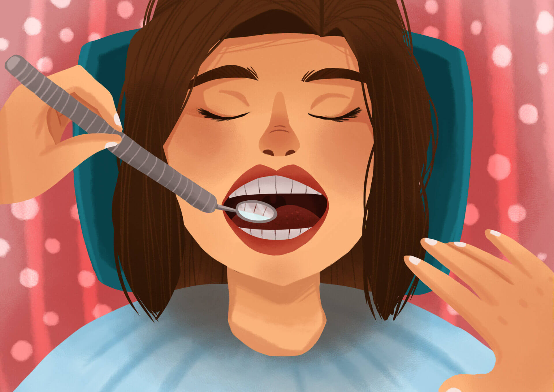 Cartoon of a brunette woman having her teeth and gums examined during her routine checkup at the dentist