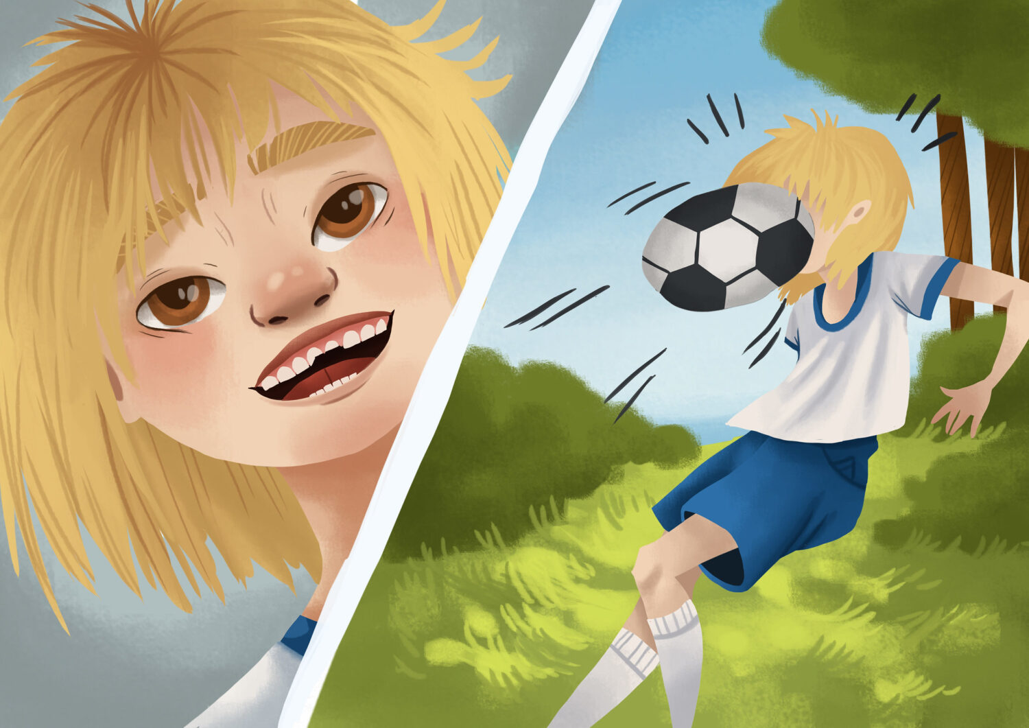 A young blonde girl gets hit in the face with a soccer bowl and it chips her front teeth